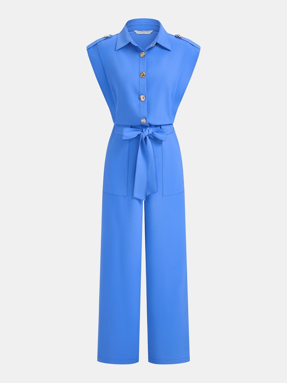 Commense Sleeveless Collared Tie Waist Wide-Leg Jumpsuit